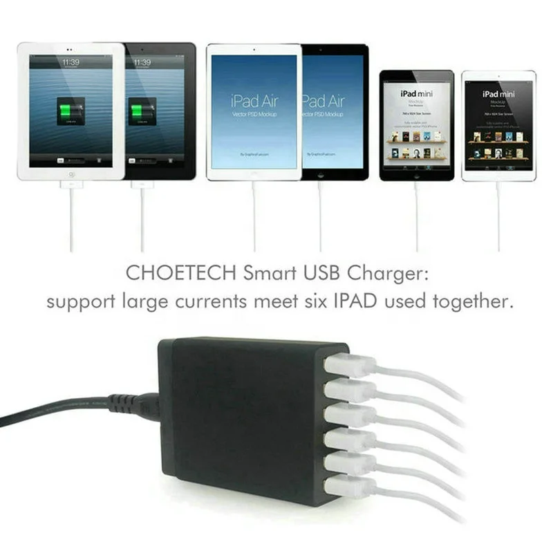 DC 5V 10A 50W 6 USB Port Wall Charger Certification 6 Ports Travel Charger With 1.6m Extension AC Power Cable For Cell Phone