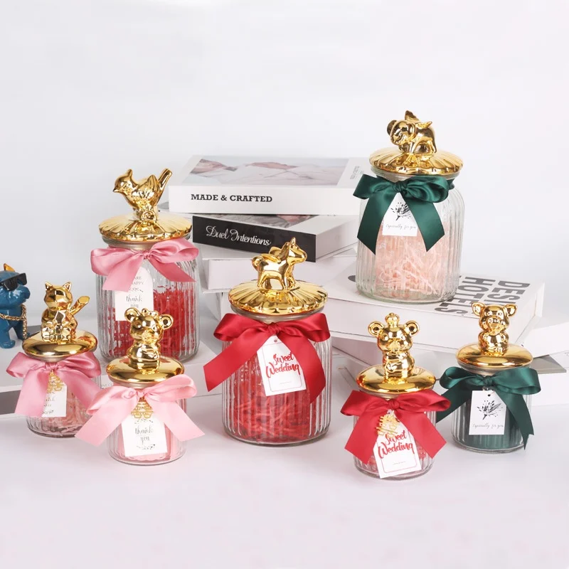 Nordic style Luxury Glass Jewelry Display Box With 3D Cute animal Golden lid Trinkets Ring Storage box Wedding home Decoration