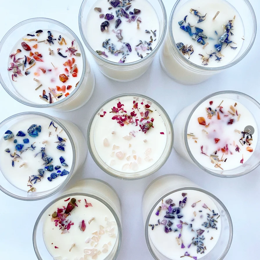 C&H Wholesale High Quality Glass Jar Soy Wax Rose Quartz Dried Flower Natural Crystal Scented Candle
