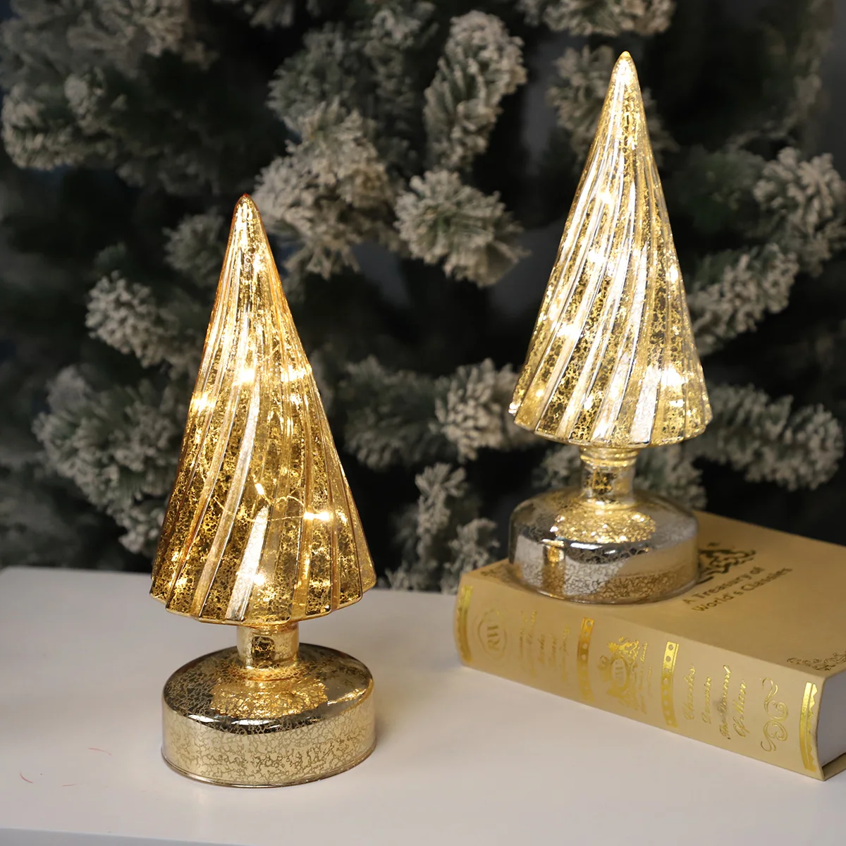 Retro Vintage Gold LED Mercury Glass Christmas Swirl Tree Light up for Holiday Tabletop Ornament Home Decor