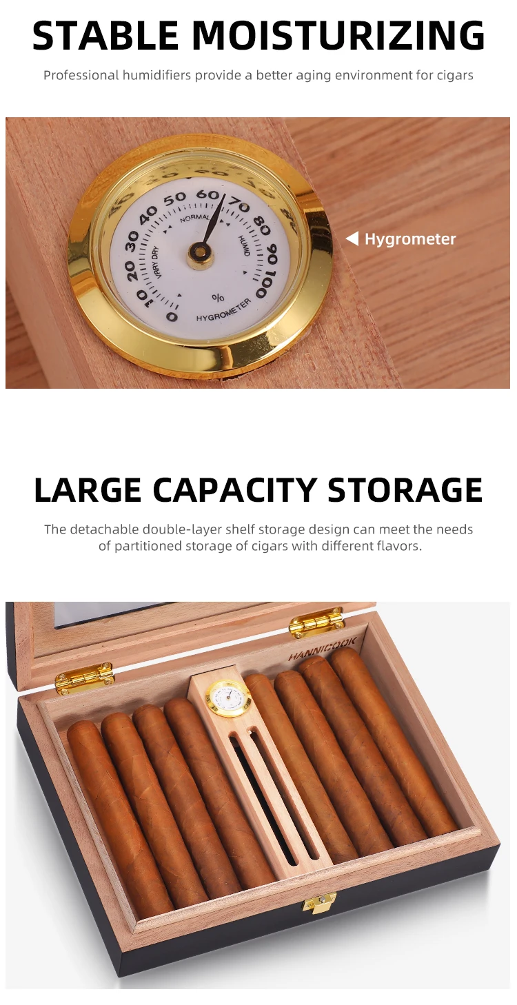 Custom logo humidor cigar box luxury wholesale smell proof black wooden blank hygrometer humidor best cedar cigar box