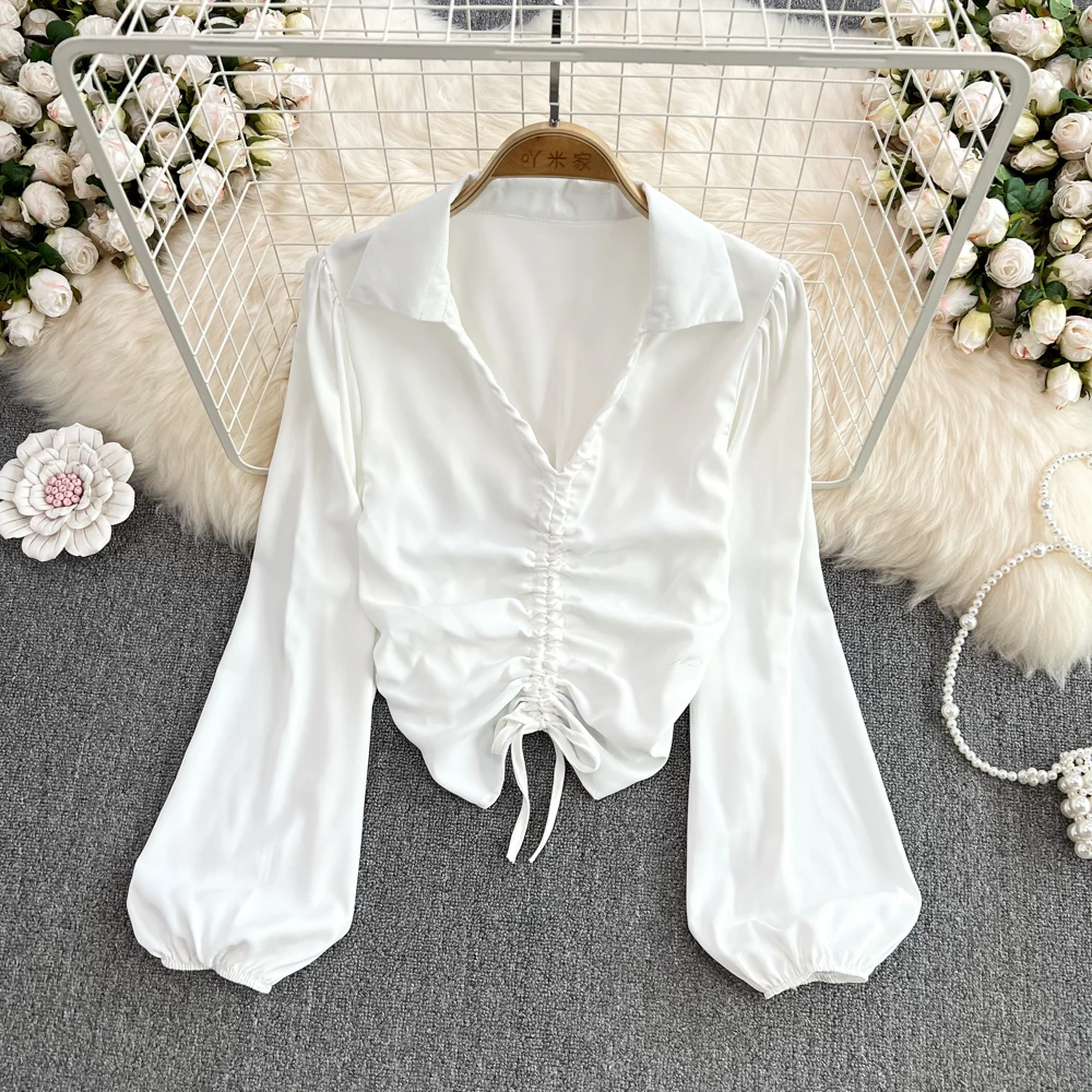 Wholesale 2022 Summer New Hot Girl Style Pure Desire Temperament V-neck Pullover Pleated Drawstring Long-sleeved Shirt