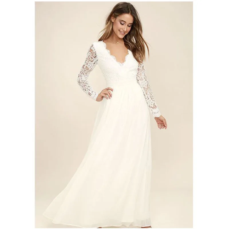Chiffon Lace Long Sleeve  For Ladies 2020 Night Wear Cut Out Sexy Women Evening Dress