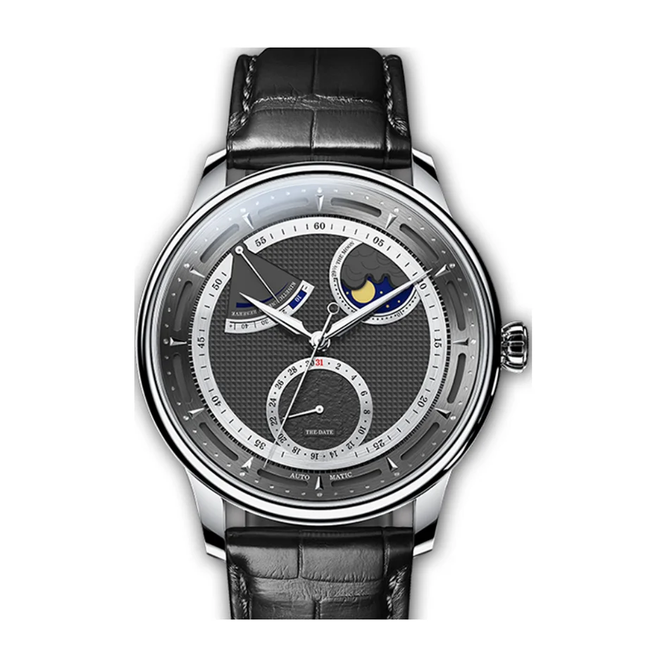 Latest stainless steel case calendar moon phase power show negotiable price custom men mechanical watch