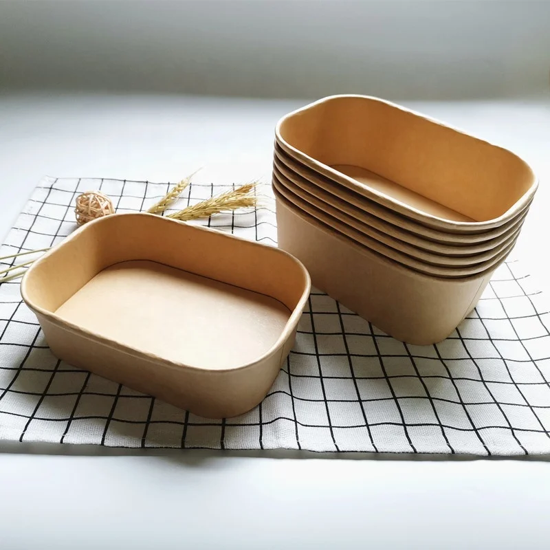 In Stock Rectangular Paper Containers Pla Pla Dome Lid Rectangle Paper Bowl Bibimbap For Take Away