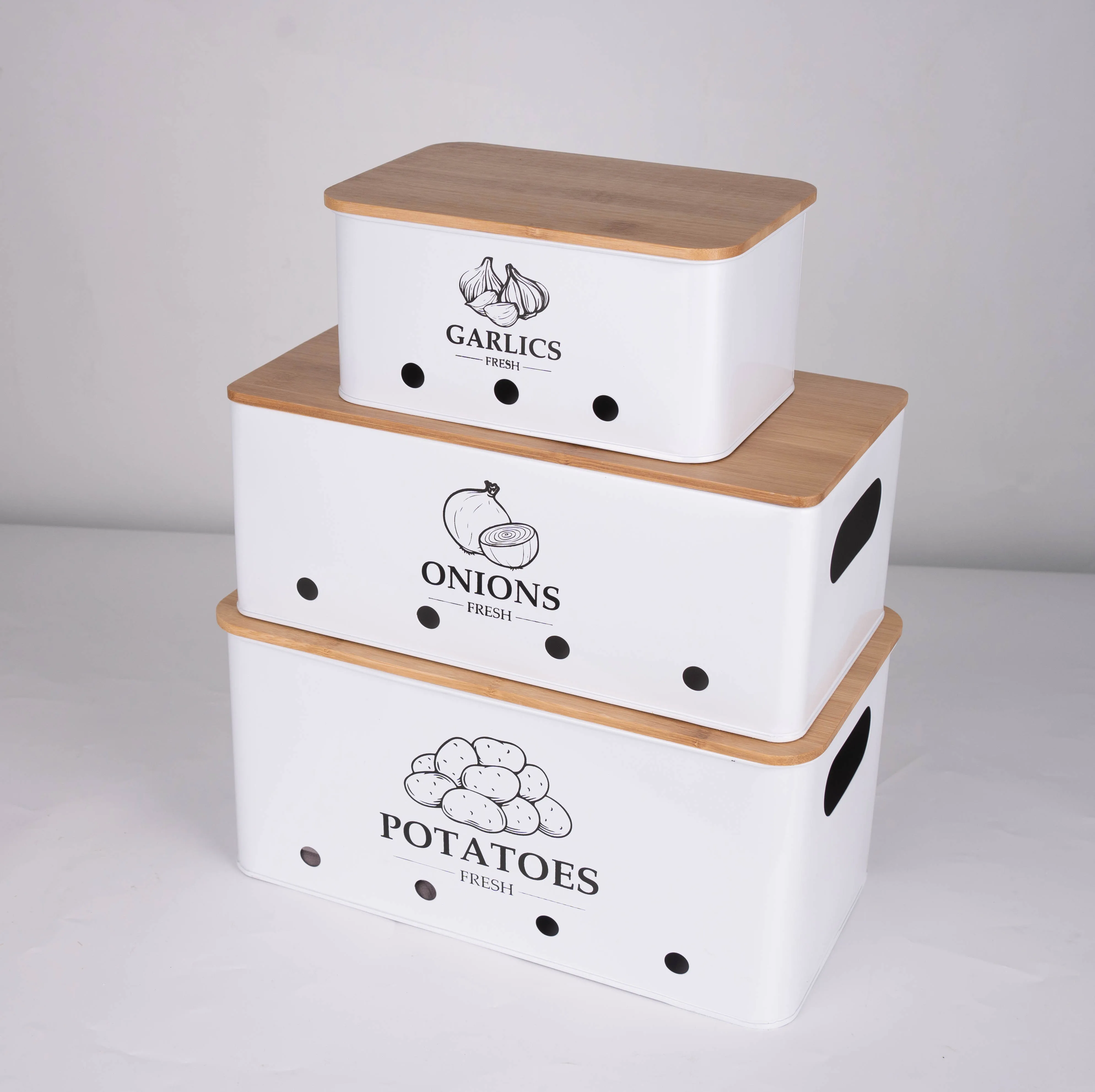 New  Arrival   Large Medium Small Size Potato Onion Garlic Metal Vegetable Storage Container with Side Hole Handles