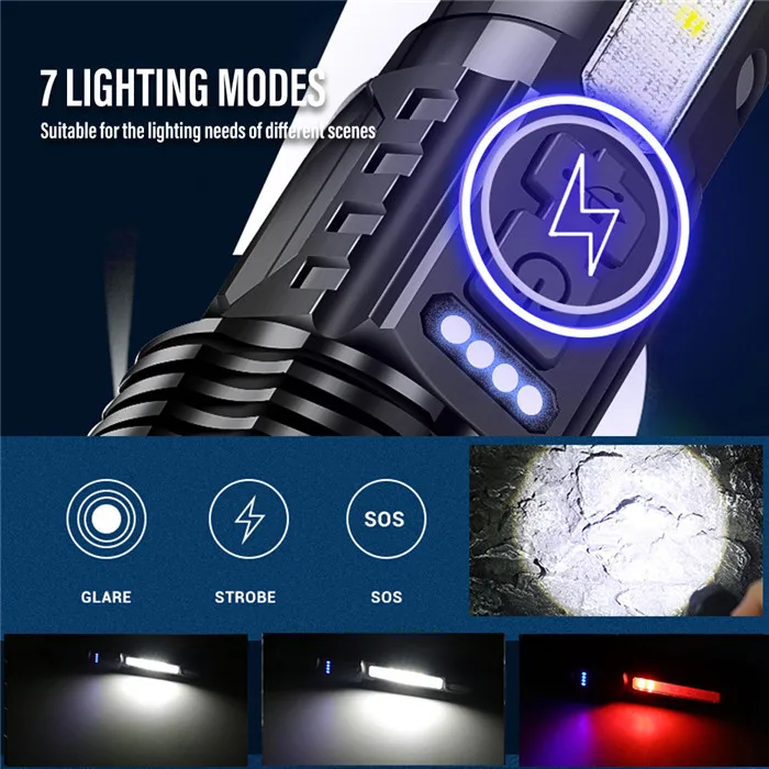 XHP50 Powerful LED Flashlight Zoom led Torch USB Rechargeable LED Torch flashlight With Side Light 7 Modes Fishing Lantern light