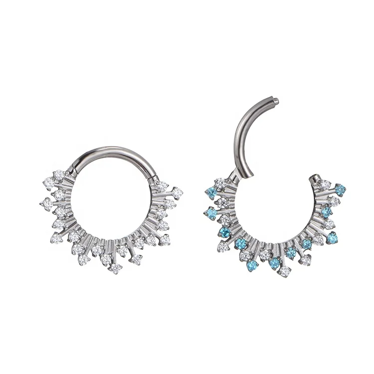 Fuxuan ASTM F136 Titanium Hinged Segment Clicker with Clear and Blue Zircon Nose Ring Conch Clicker Ring