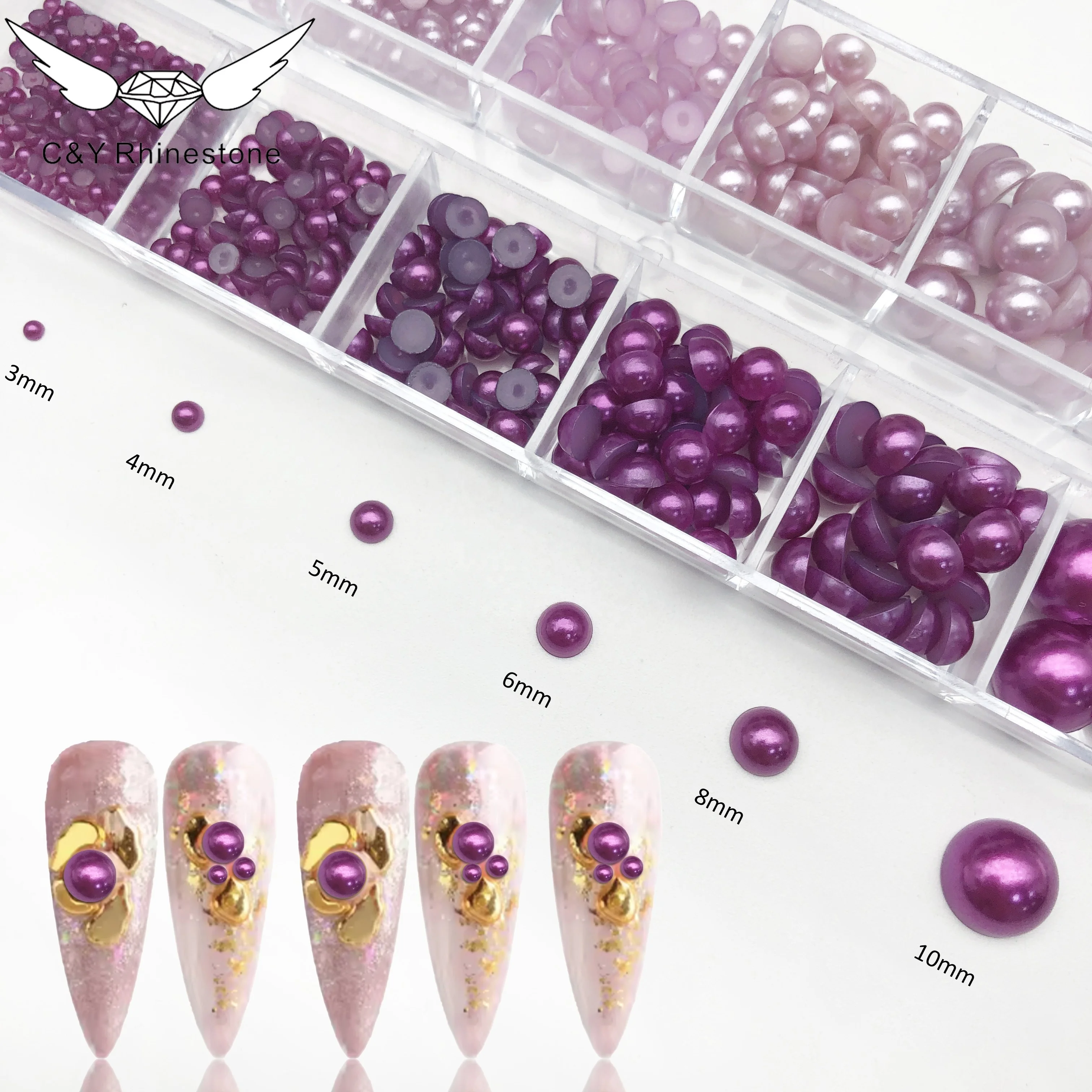 C&Y 12 Grids Mixed Colors Sizes Round Flat Back Pearls on Nail Resin Beads Loose Pearl