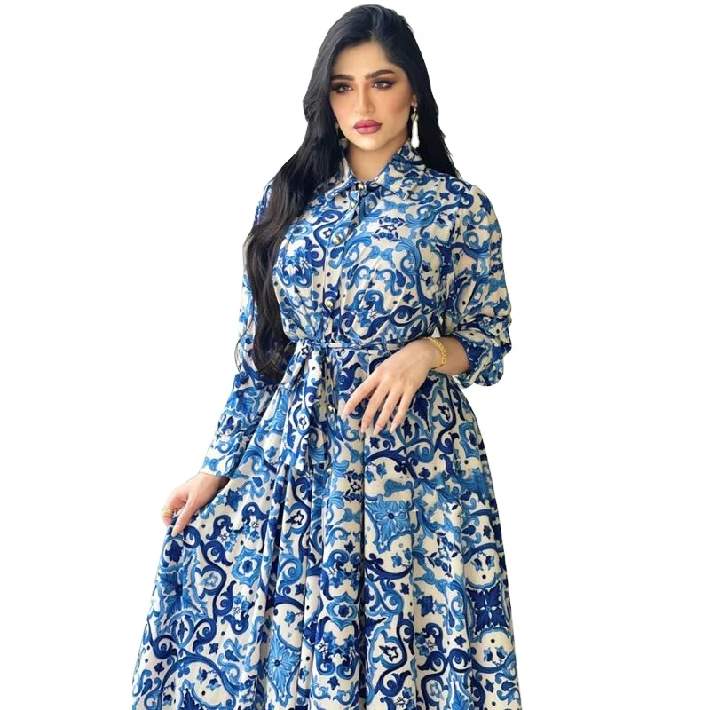 KD0823 Middle East Muslim Ramadan Jalabiya Abaya Malay Indonesia Printed Maxi Dress Premium Button Abaya for Islamic Clothing