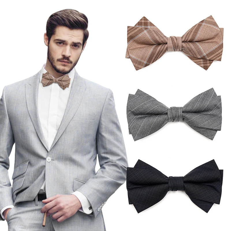 Khaki Checked Design Wool Stretch Loops Adult Compere Stage Party Bow Tie for Dress Shirt