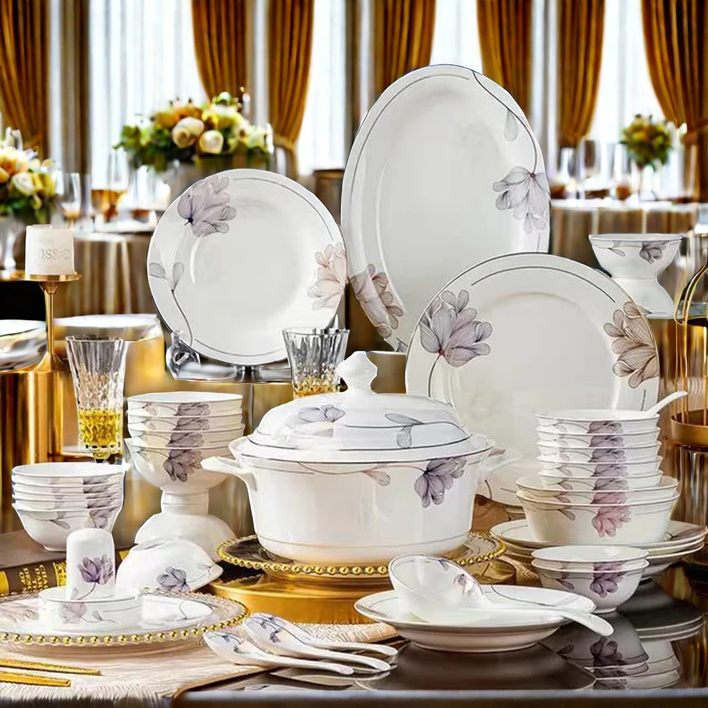 2024 Modern Luxury Ceramic Chinaware Kitchen Embossed Table Ware Fine Bone Plates Sets Luxury Dinnerware Sets