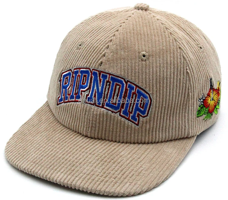 6 Panel extra soft lining inside customize embroidery adjustable press buckle strap closure corduroy flat bill fashion hat