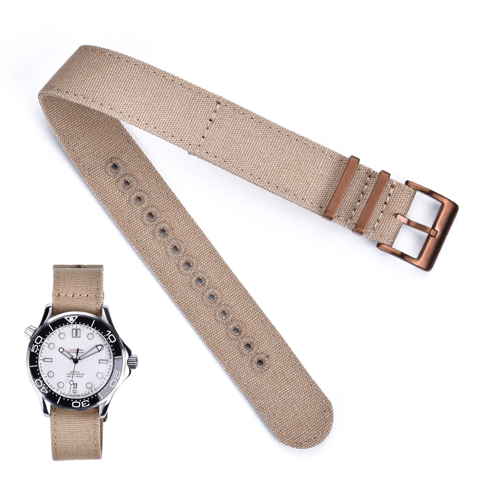 JUELONG Tan Stitching Eyelets Canvas Watch Band 18 20 22 24 Sail Cloth Bronze Buckle Watch Strap