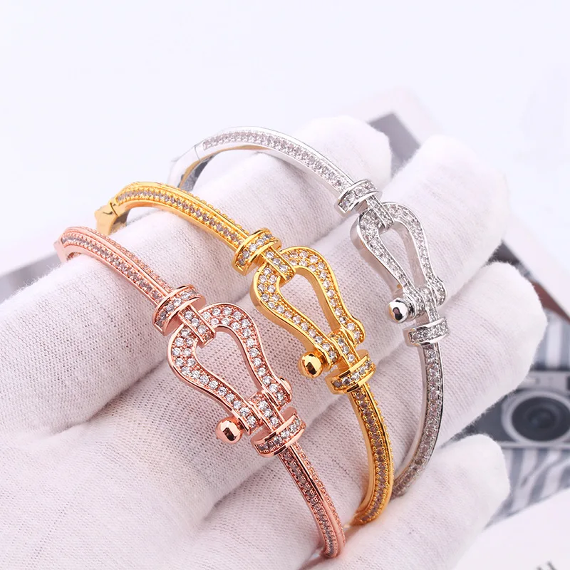 Fashion Luxury Full Of Stones Zircon Watch Strap Buckle Bangle Silver Gold Rose Gold Plating Unisex Buckle Bangle