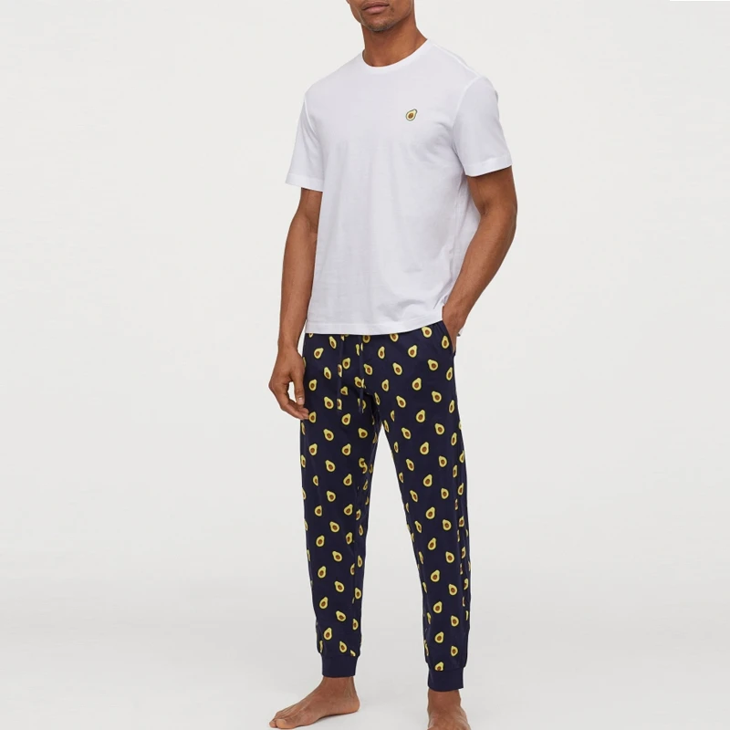 
Round Neck Tee and Long Pants Pyjamas Set Avocados Embroidery Cotton Jersey Family Matching Sleep Wear 