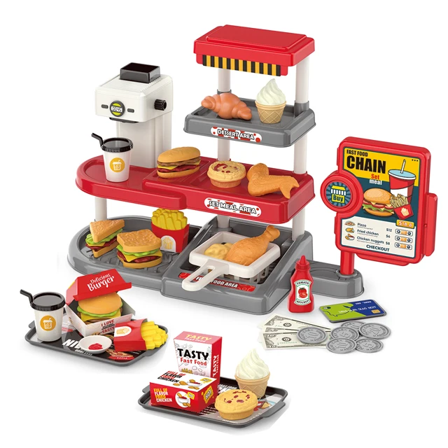 2024 popular kids  fast food store realistic hamburger snack bar coffee machine play set for toddlers pretend shopping game toy