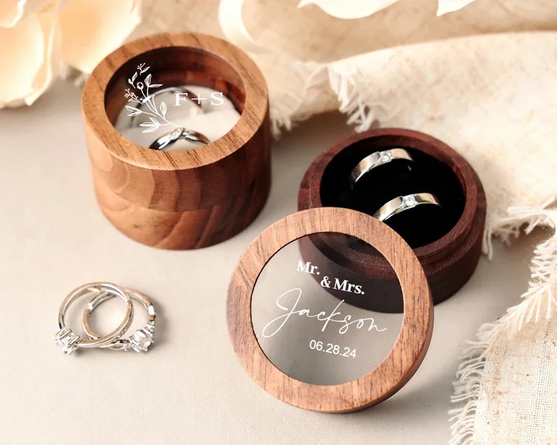 luxury customize round Engagement ring Holder box jewellery packaging Wedding wooden ring box with Clear Acrylic Cover