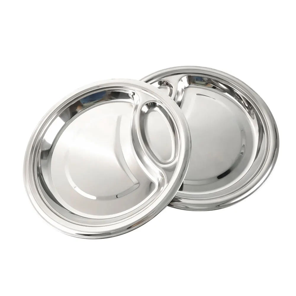 Anti-drop Stainless Steel Restaurant Plate Dishes Dumpling Plate with Dipping Grid Dipped in Vinegar and Soy Sauce