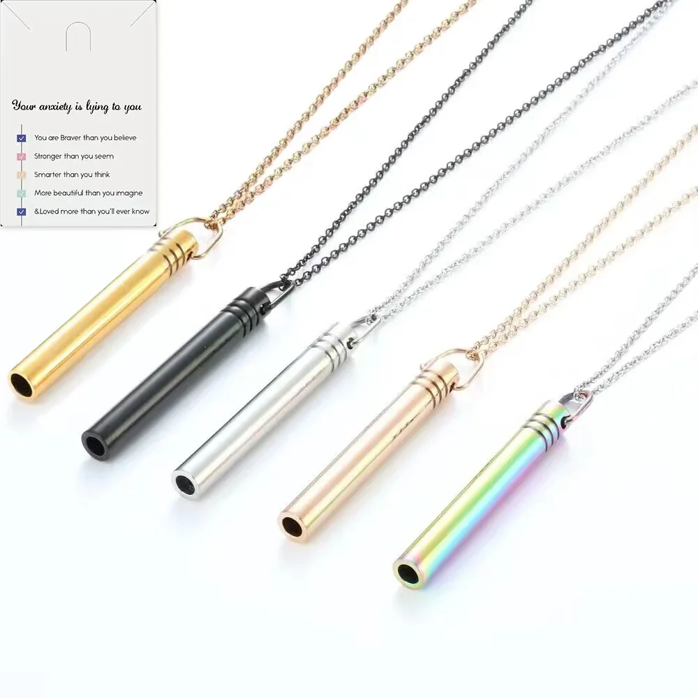 Stainless Steel Breathwork Tool Calming Relief Meditation Stress Anxiety Relief Mindful Breathing Whistle Necklace