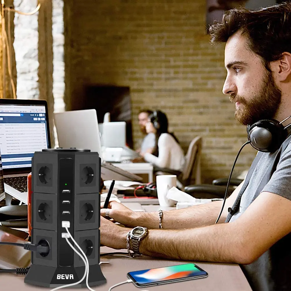 Household socket 16A 4000W USB Vertical Socket EU Plug 2m Extention Cord