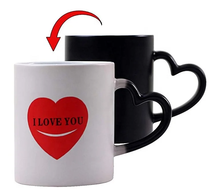 Wholesale cheap sublimation mug ceramic 11OZ heart handle color changing coffee mug  magic mug sublimation