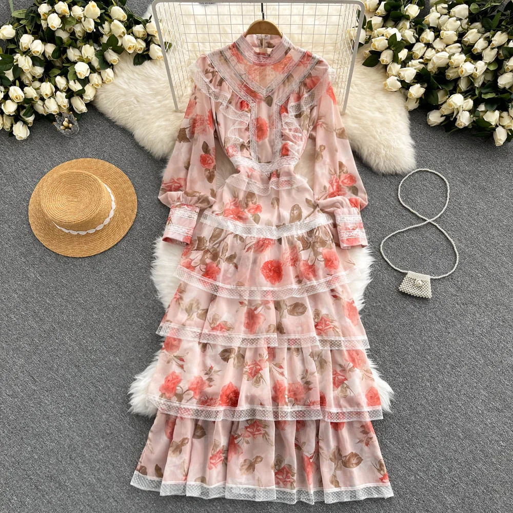 Wholesale Elegant Casual Dresses Pleated Peplum Lace Printing Princess Dress Puff Sleeve Birthday Party Floral Womens Dresses