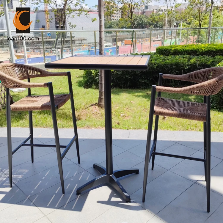 Rope Weave Outdoor Cafe Bar Tall Chair High Bar Stool High Back Chair Brown Dining Chair