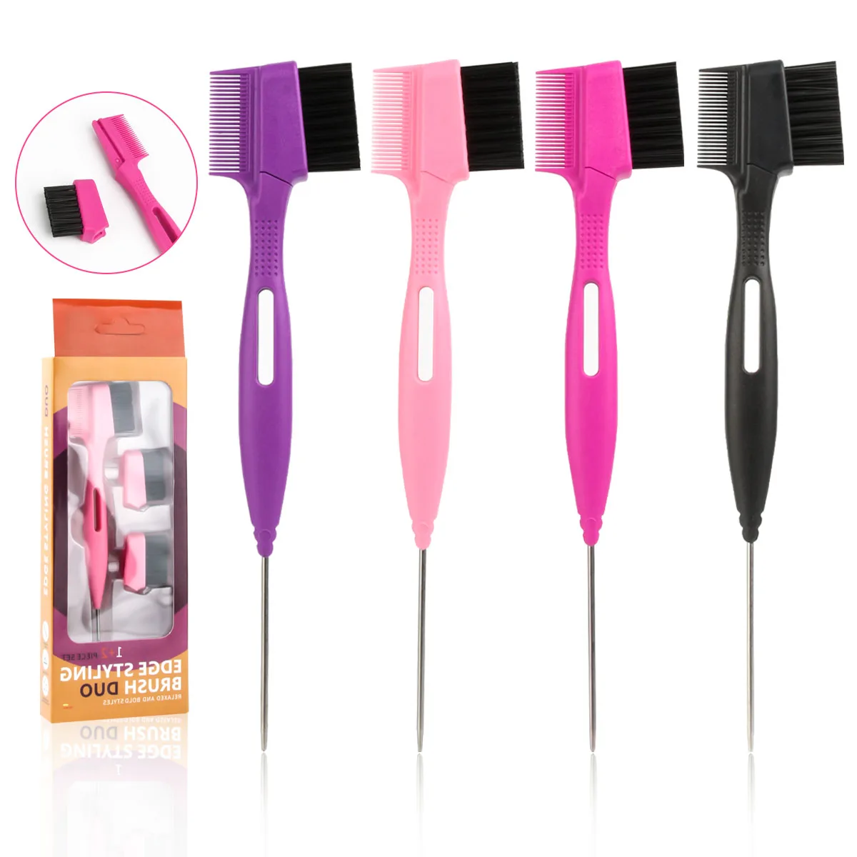 Wholesale Double Sided Brush Edge Control Hair Comb Brush Steel Tail Needle 3 in 1 Eyebrow Brush Comb