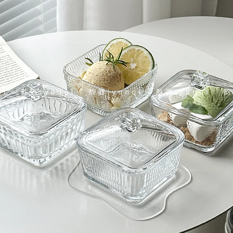 High quality various size square shape simple clear glass dessert cup pattern glass bowl snack container