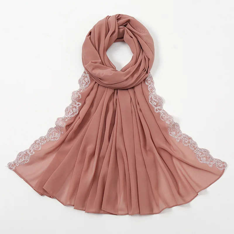 Высококачественный тяжелый шифоновый хиджаб с вышивкой и кружевными краями лето-осень