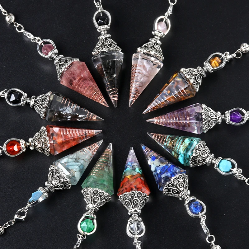 Antique Silver Colorful Spirit Pendulum Semi precious Stone Resin Orgone Pendant Hexagon Cone Pyramid Pendulum With Chain