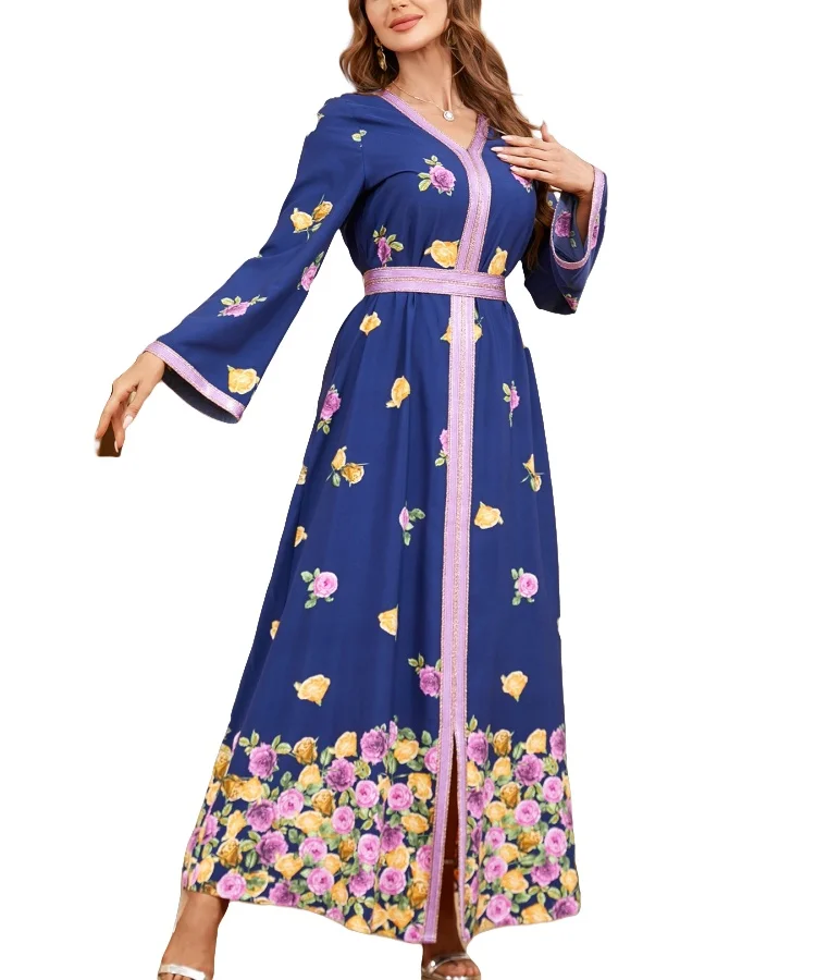 Middle East new Arab dress floral printed dress patchwork color with belt contrast colors abaya robe abaya women muslim dress