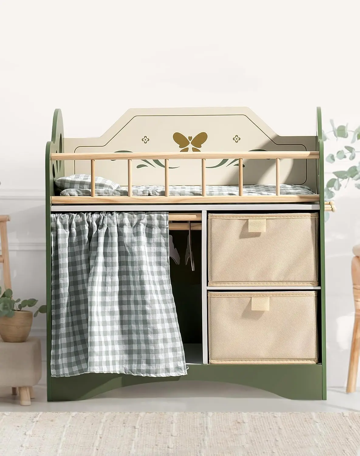 Baby Doll Crib Wooden Doll Bed with Storage and Bedding