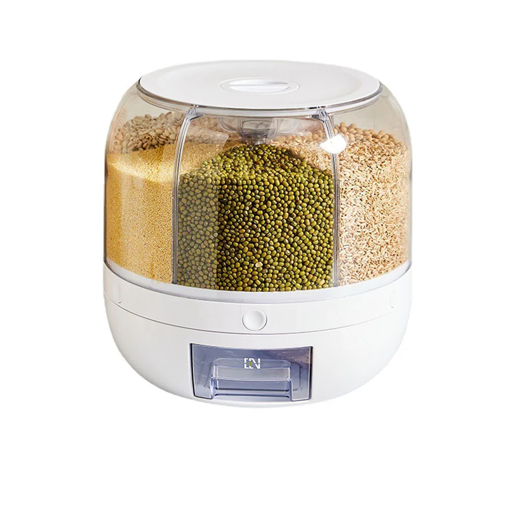 Kitchen Rice Grain Dispenser Moisture-Proof 6 Grid Rotating Food Grain Dispenser Cereal Storage Box Rice Container Dispenser