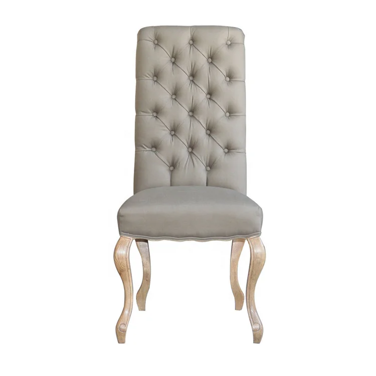 French Style Linen Button Tufted Oak Wood Dining Chair P0070-1