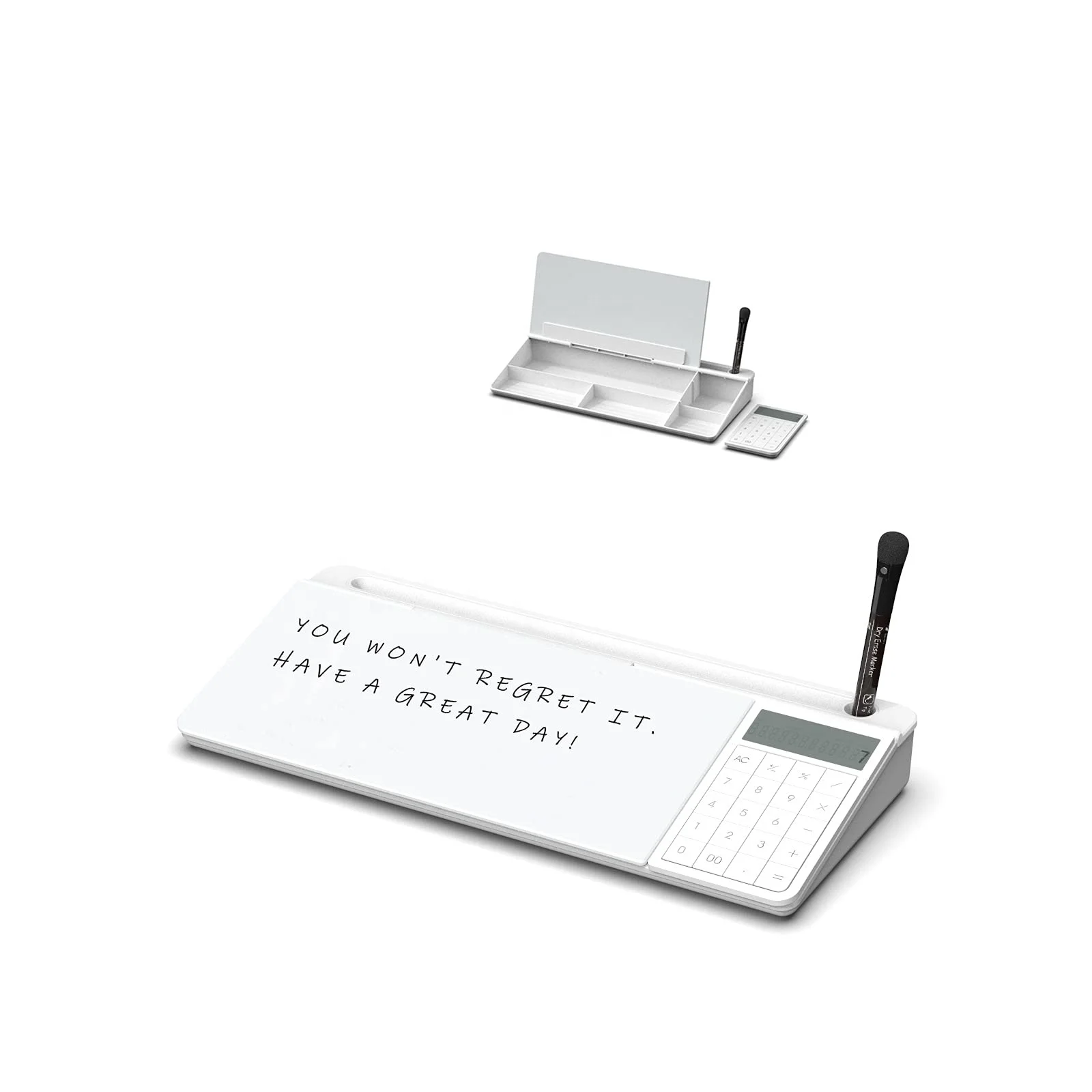 Desktop Glass Whiteboard with Basic Calculator, 12 Digit LCD Display, Desk Organizers with Accessories for Office 18' x 6'