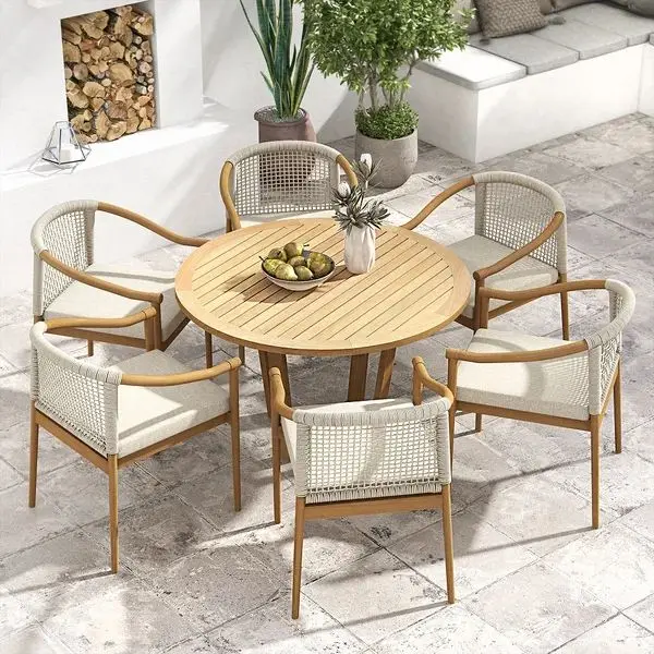 Concrete  Natural  Color 7 Pieces Teak Wood Outdoor Dining Set Wood Round Dining Table with 6 Wood Rope Chairs