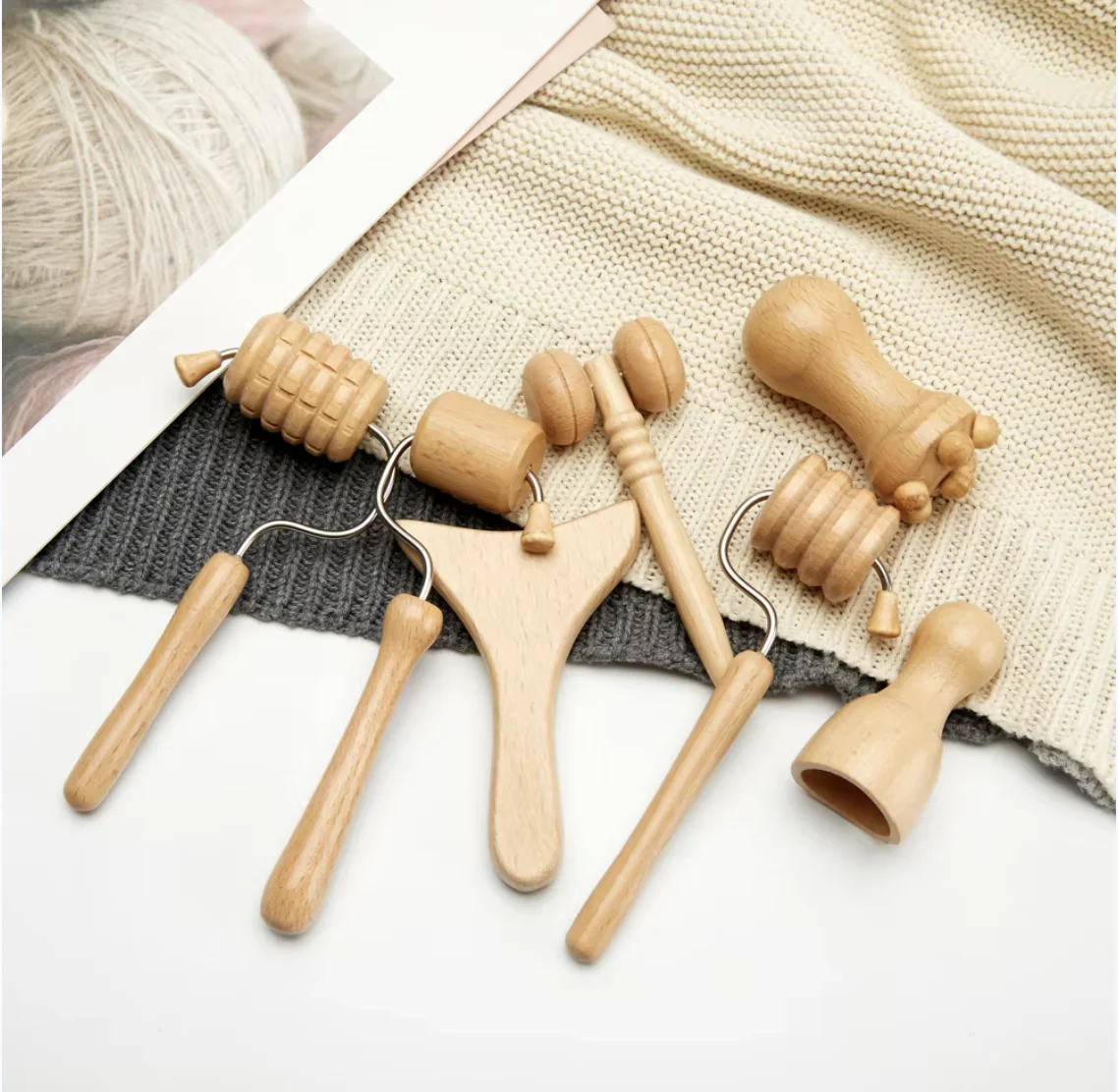 7Pcs Face Massagers Gua Sha Tools Wood Therapy Meridian Massage Kit Roller Facial Lifting Masajeador Maderoterapia