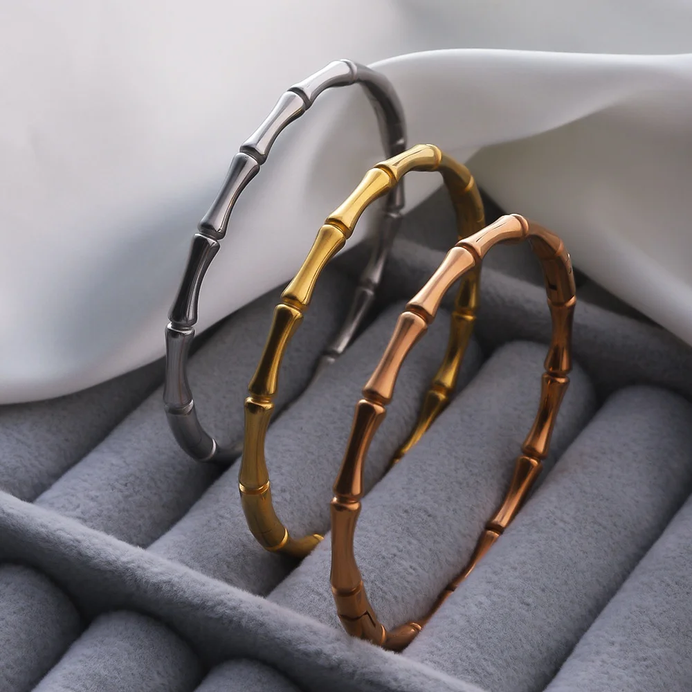 Hot Selling Stainless Steel Gold Plated Stacking Bamboo Design Bangle Bracelet Silver Ethnic Lucky Bracelet For Women Men