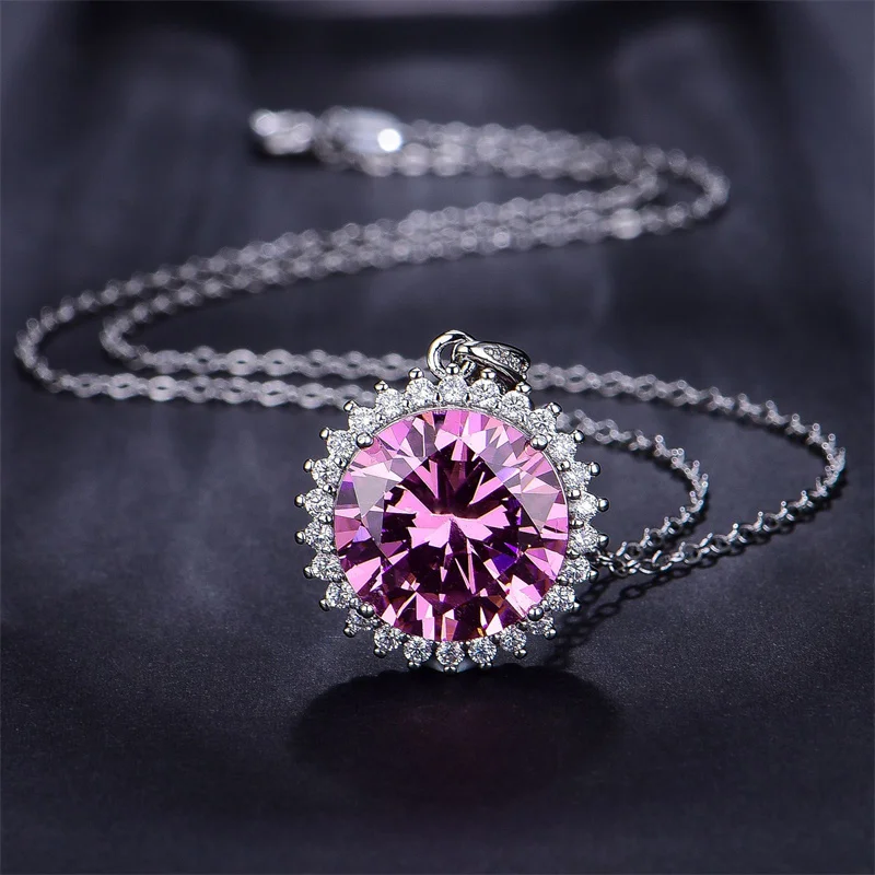 CAOSHI Luxury Fashion Rhinestone Jewelry 925 Silver Plated Crystal Necklace Pink Cubic Zirconia Round Pendant Necklace For Women