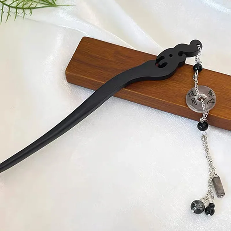 GEERDENG Traditional Chinese Style Jade Ring Pendant Wooden Tassel Hairpin Retro Hair Forks Hanfu Coiling Hairpin