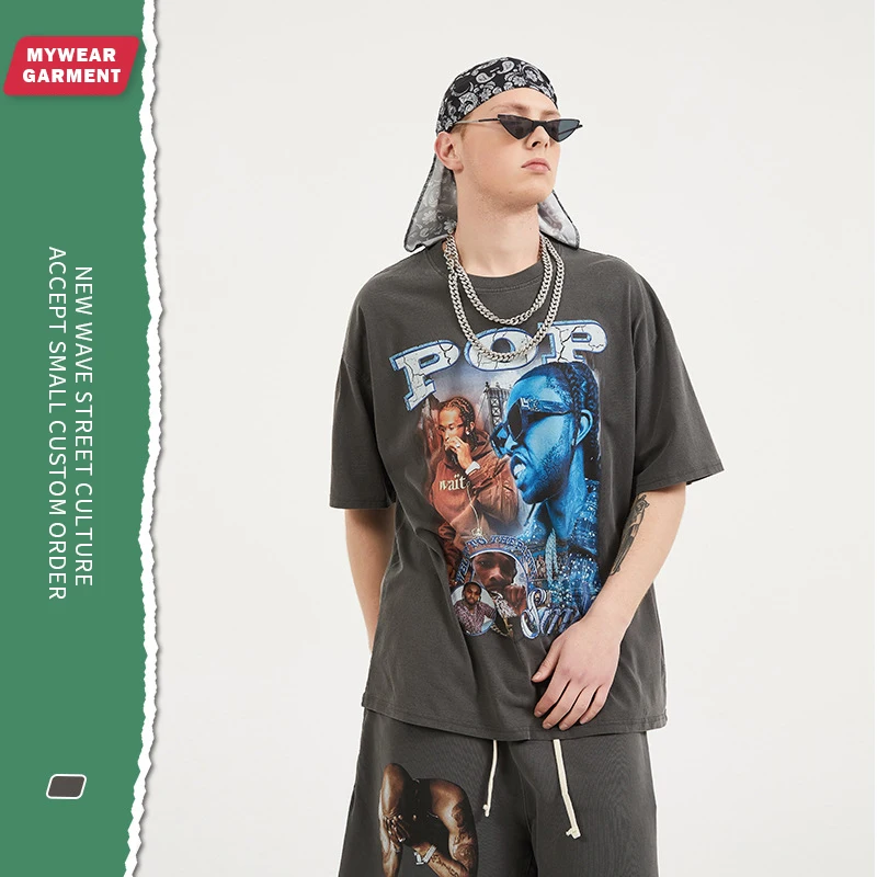Men streetwear rapper tshirt washed cotton in stock and custom printing design
