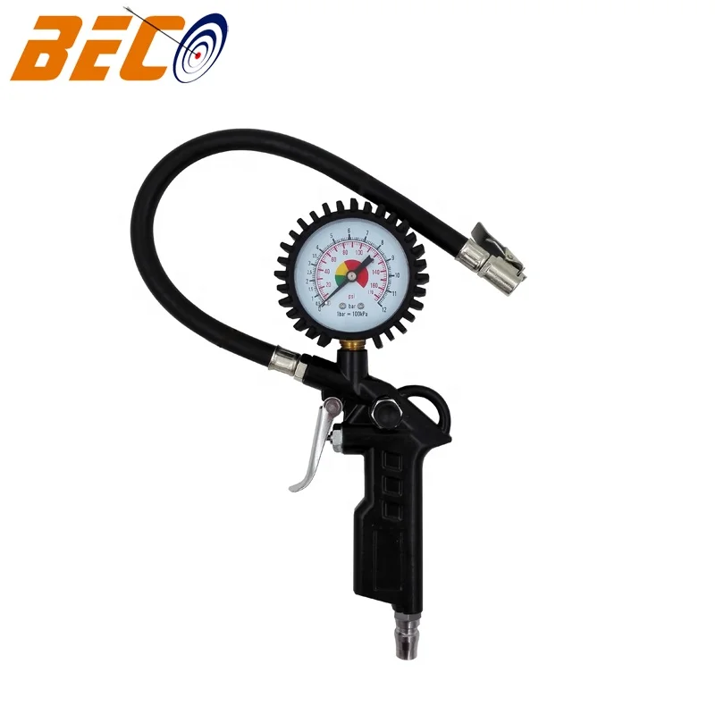 White Dial Tire Inflator Pressure Gauge With Rubber Hose And Lock-On Air Chuck