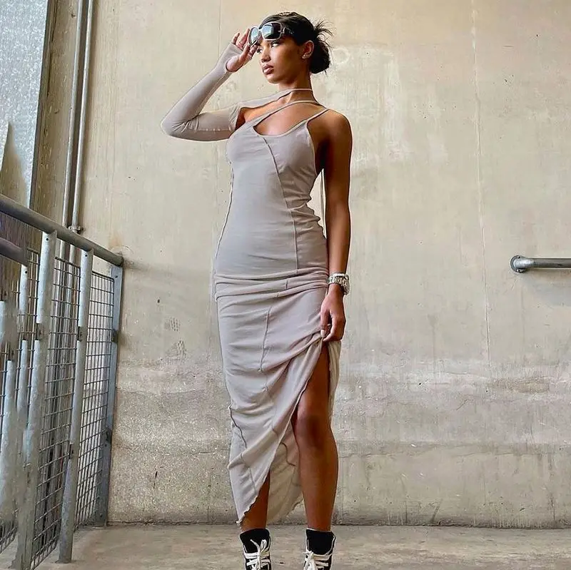 
manufacturers single-sleeved one-shoulder hollow luxury lace-up trendy women clothing 2021 sexy high waists long dress 