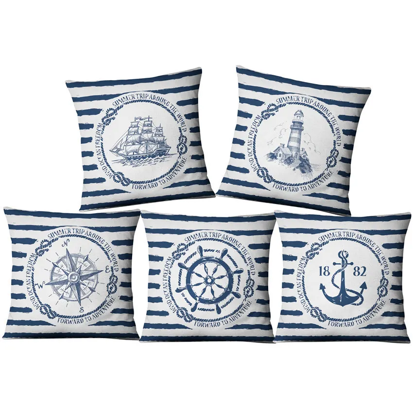 Ocean Nautical Anchor Blue White Striped Square Pillow Covers Linen Cushion Case for Home