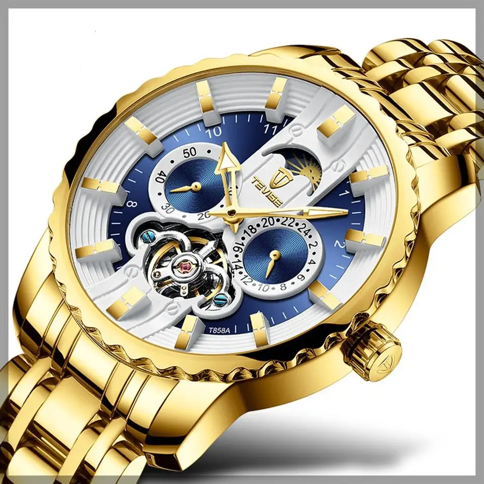 856A Men Automatic Mechanical Moon Phase Watches Stainless Steel Automatic Mechanical Luxury Mens Wrist Watch