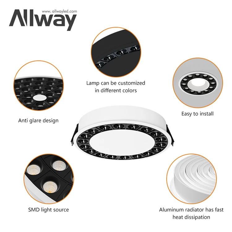 ALLWAY 2023 Newest Design Black Downlight Recessed Cabinet Hotel Shop 8W LED Down Lights Lamp
