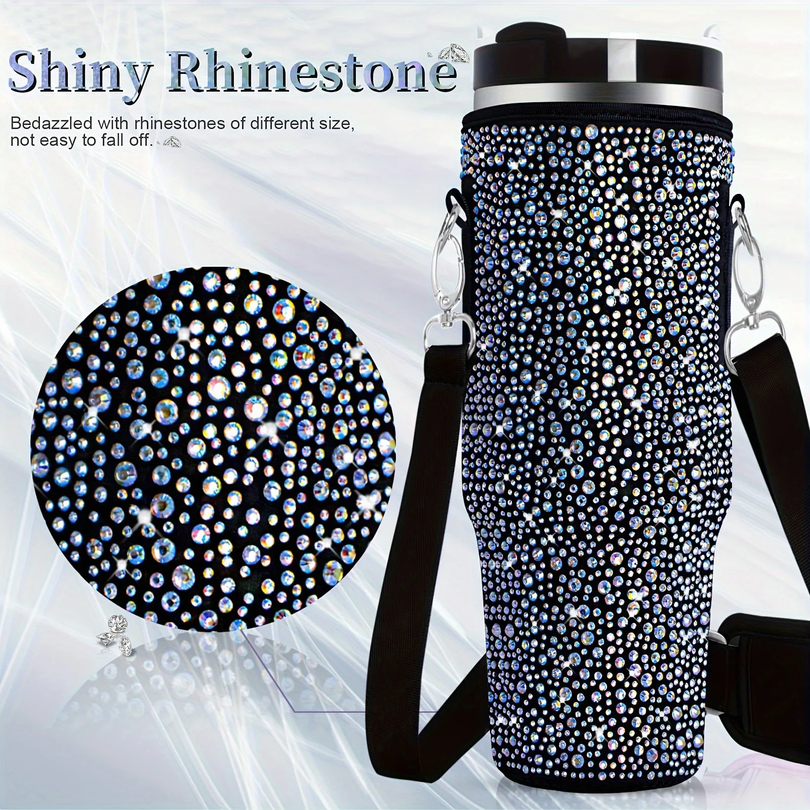 DD3139  Diamond Bling Water Bottle Holder with Suitable for 40oz Mug Adjustable Strap Carrier Bag Shiny Rhinestone Cup Sleeve