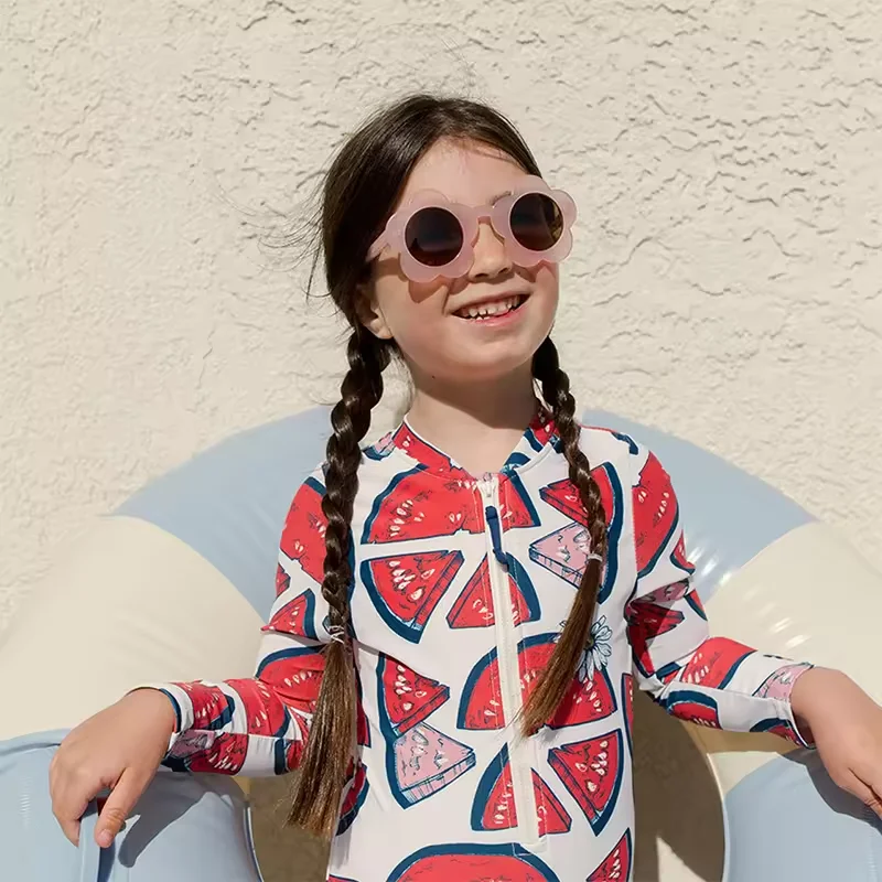 New Custom Watermelon Printing Casual Sun Protection Beachwear Long Sleeved One Piece Zipper Girls Swimwear 7-16